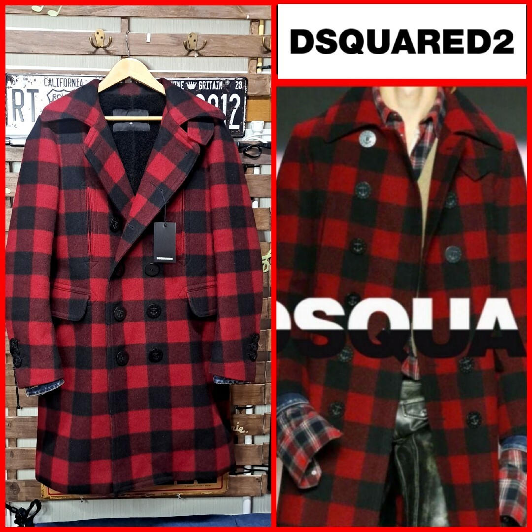 上品】 【定価25万】Dsquared2 ウール ボア チェック ロングP