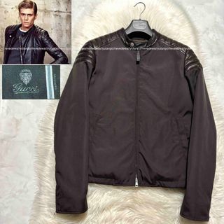 グッチ(Gucci)の本物 美品 グッチ レザー切替 ZIP UP ブルゾン ジャケット 46 濃茶(ブルゾン)