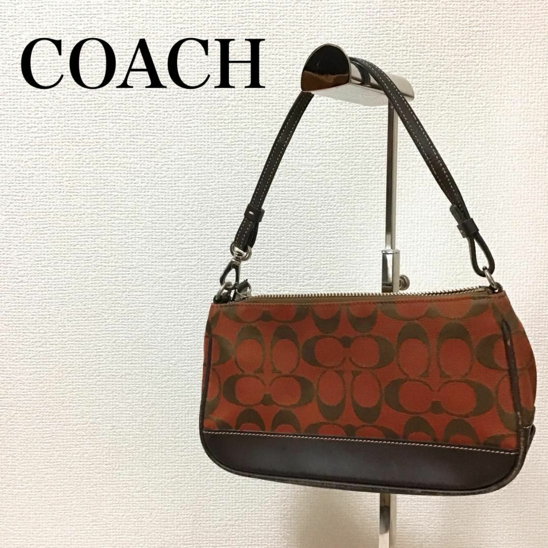 Branc_レディースバッグ美品✨COACHコーチショルダーバッグハンドバッグシグネチャーレッドブラウン赤茶