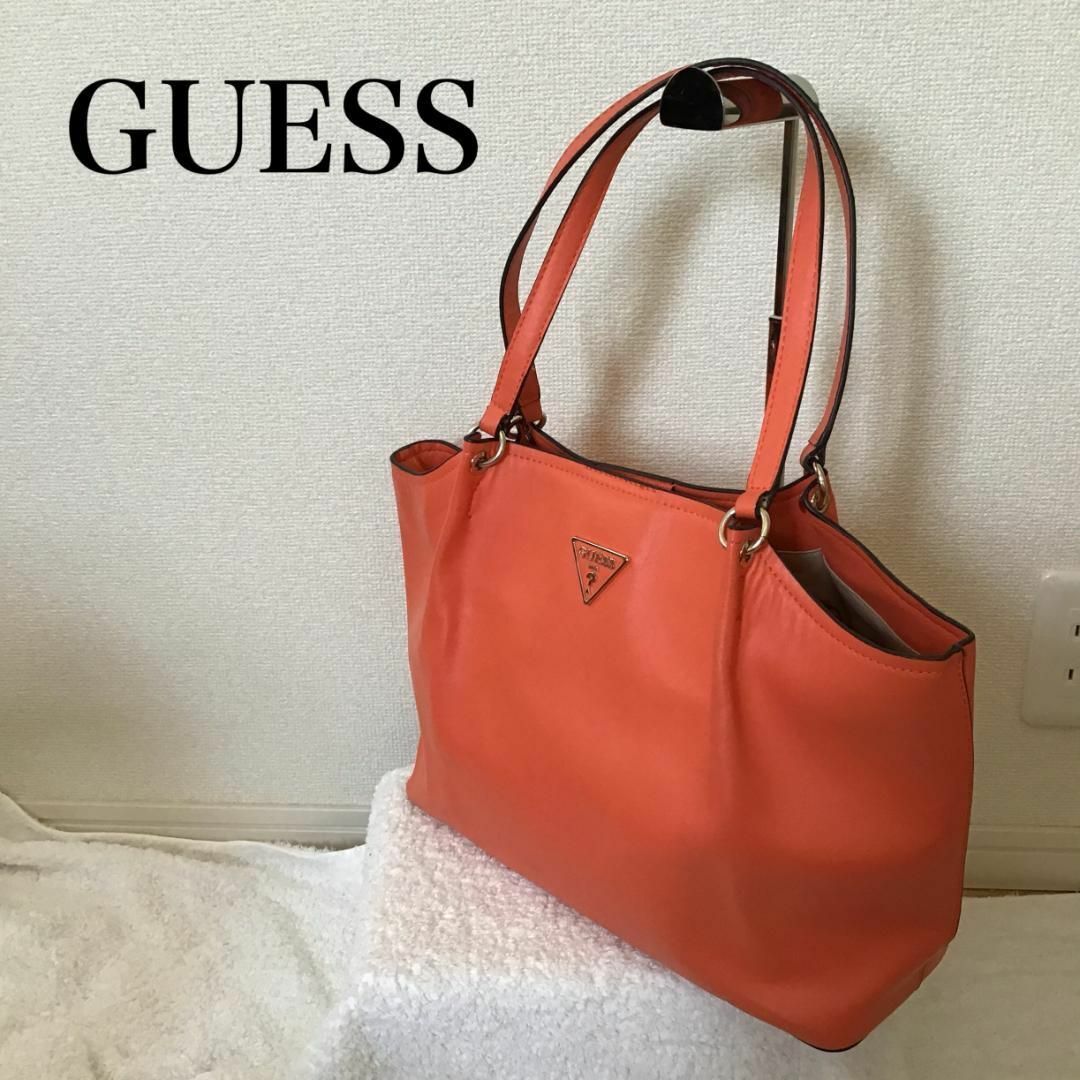 美品✨GUESS ゲスセミショルダーバッグトートバッグオレンジピンク橙赤-