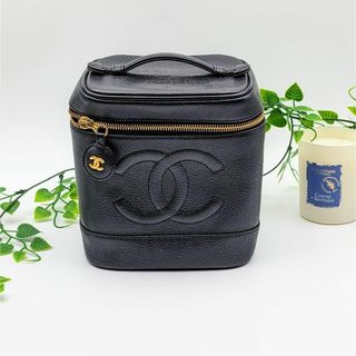 シャネル(CHANEL)のシャネル 縦型 バニティ バッグ キャビア スキン ココマーク 黒 ゴールド(ハンドバッグ)