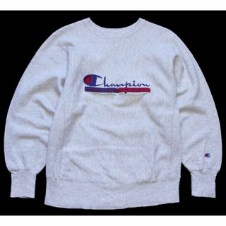 チャンピオン(Champion)の90s USA製 Championチャンピオン スクリプト ビッグロゴ刺繍 リバースウィーブ スウェット 杢グレー M★オールド ビンテージ デカロゴ(スウェット)