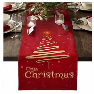 北欧 クリスマステーブルランナー テーブルクロス クリスマスレッド 赤金色ロゴ(テーブル用品)