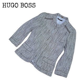 ヒューゴボス(HUGO BOSS)のHUGO BOSS ヒューゴボス ノーカラージャケット ツイード 金具 ベージュ(ノーカラージャケット)
