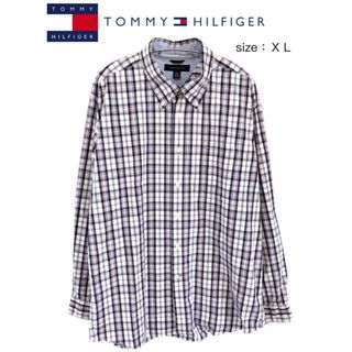 トミーヒルフィガー(TOMMY HILFIGER)のTommy Hilfiger　長袖BDシャツ　XL　白✕紺✕赤　USA古着(シャツ)