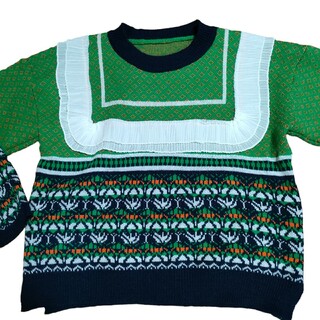 セーター カラーブロック 長袖 ニットセーター プルオーバー緑グリーンGreen(ニット/セーター)