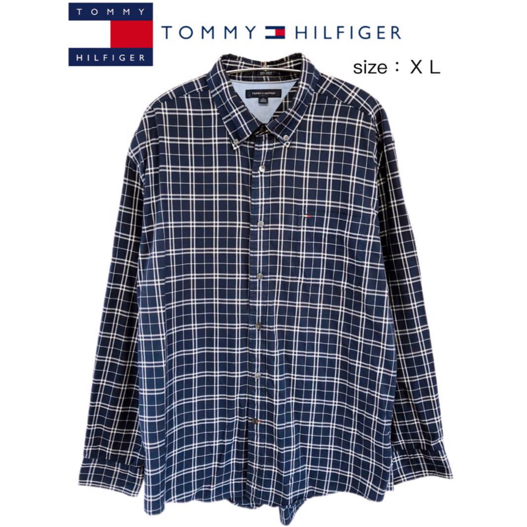 TOMMY HILFIGER(トミーヒルフィガー)のTommy Hilfiger　長袖BDシャツ　ＸＬ　紺✕白　USA古着 メンズのトップス(シャツ)の商品写真