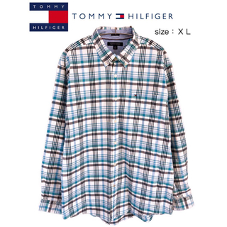 トミーヒルフィガー(TOMMY HILFIGER)のTommy Hilfiger　長袖BDシャツ　ＸＬ　緑✕白✕紺　USA古着(シャツ)