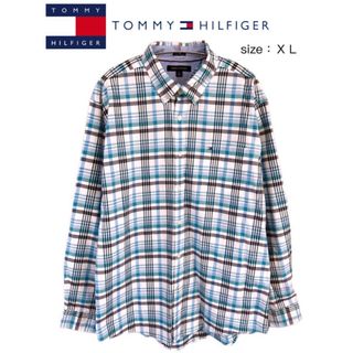 トミーヒルフィガー(TOMMY HILFIGER)のTommy Hilfiger　長袖BDシャツ　ＸＬ　緑✕白✕紺　USA古着(シャツ)