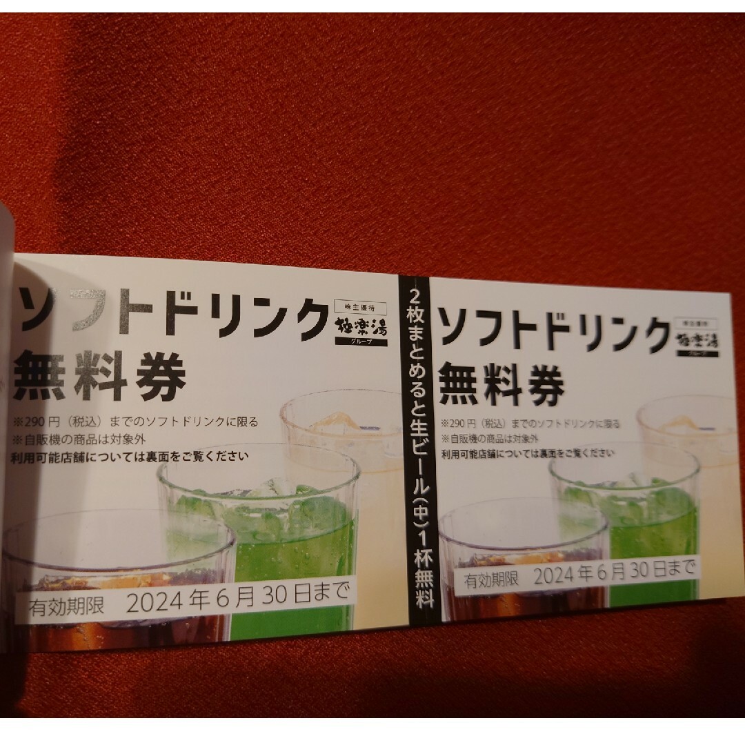 極楽湯　優待券2枚＋ソフトドリンク無料券2枚 チケットの優待券/割引券(その他)の商品写真