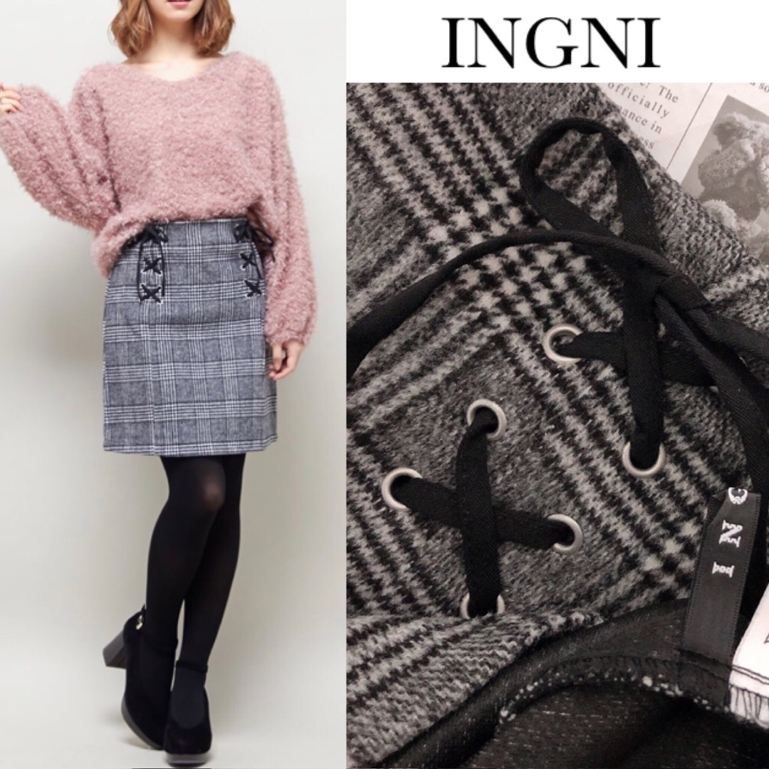 INGNI(イング)のイング シャギー チェック レースアップ 台形 厚手スカート レディースのスカート(ミニスカート)の商品写真