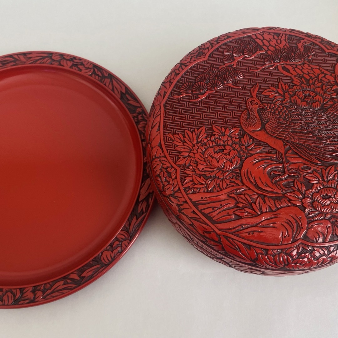 堆朱 朱塗り 漆塗り 漆器 丸型 茶櫃 茶器入れ - 容器 堆朱 朱塗り 漆塗り 漆器 丸型 茶櫃 茶器入れ - 容器