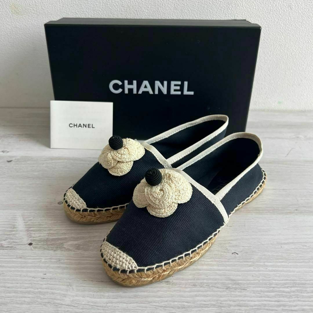 CHANEL - 美品 35 シャネル カメリア エスパドリーユ ネイビー