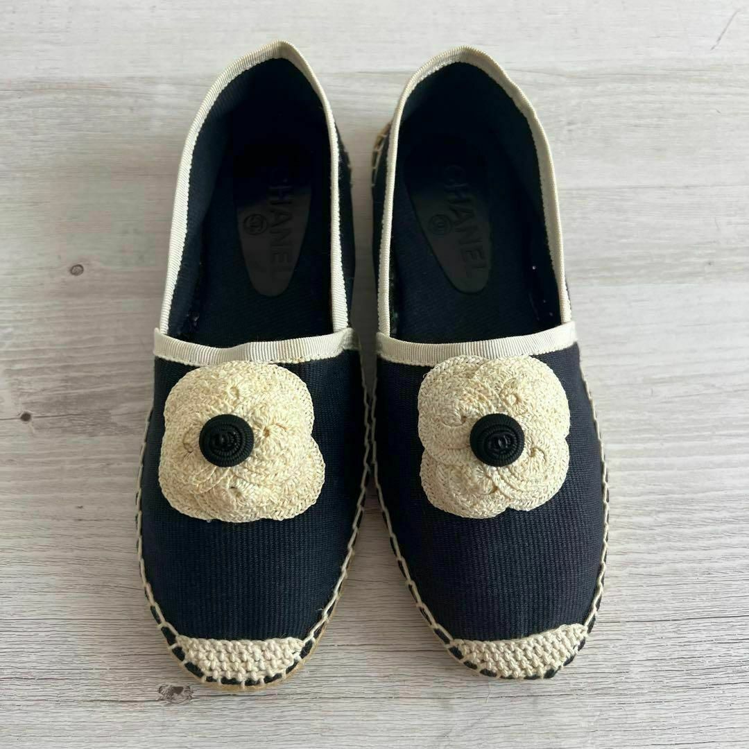 CHANEL - 美品 35 シャネル カメリア エスパドリーユ ネイビー