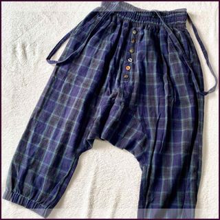 タータンチェック サスペンダー付 フロントボタン サルエルパンツ 半端丈(サルエルパンツ)