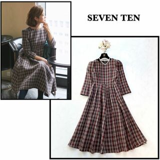 【SEVEN TEN】一番人気カラー＊ツイードタックドレス　フレアワンピース　S(ひざ丈ワンピース)