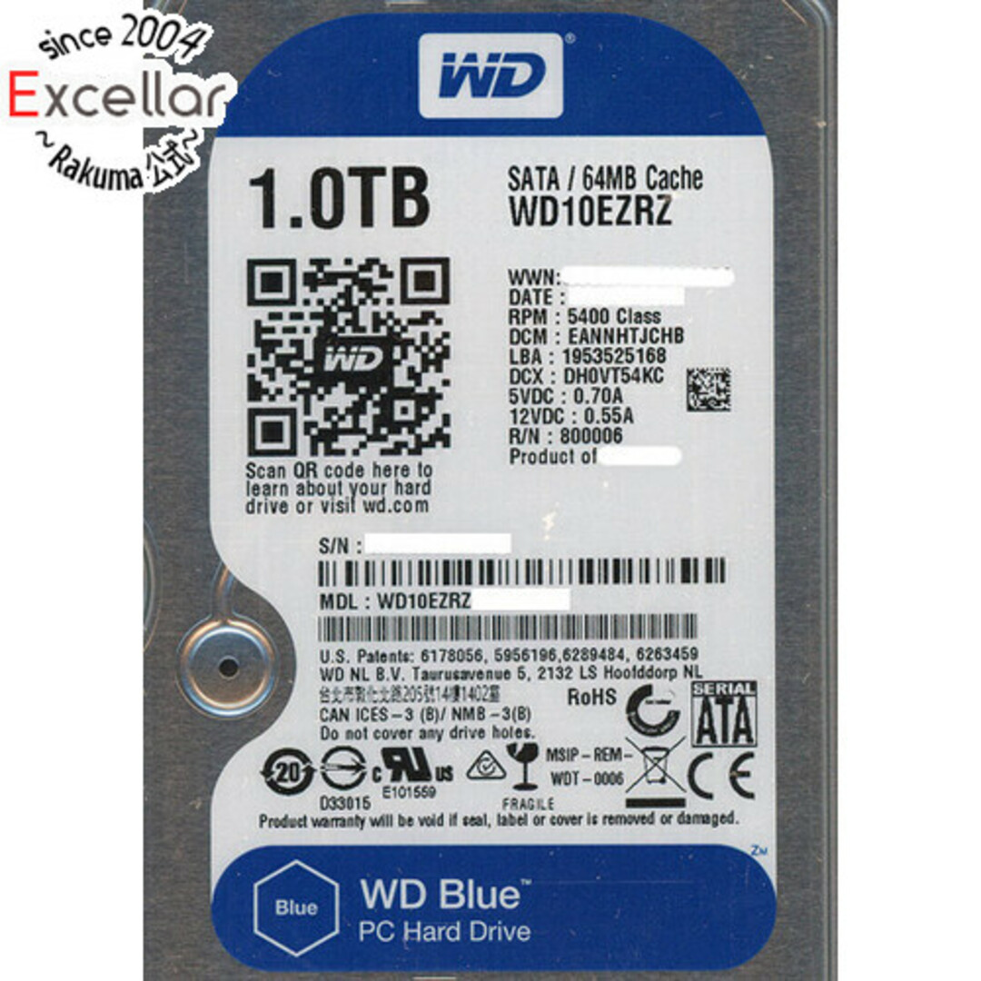 Western Digital(ウエスタンデジタル)のWestern Digital製HDD WD10EZRZ 1TB SATA600 5400 スマホ/家電/カメラのPC/タブレット(PC周辺機器)の商品写真