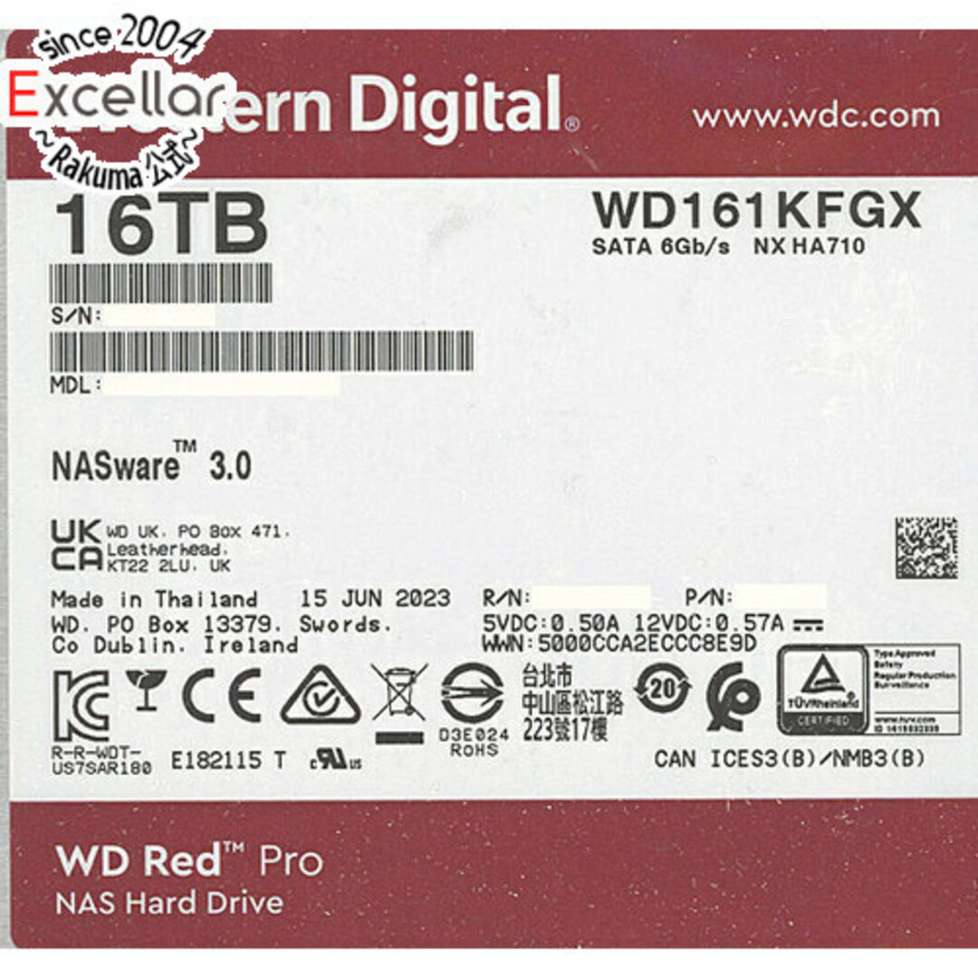 Western Digital(ウエスタンデジタル)のWestern Digital製HDD WD161KFGX 16TB SATA600 7200 スマホ/家電/カメラのPC/タブレット(PC周辺機器)の商品写真
