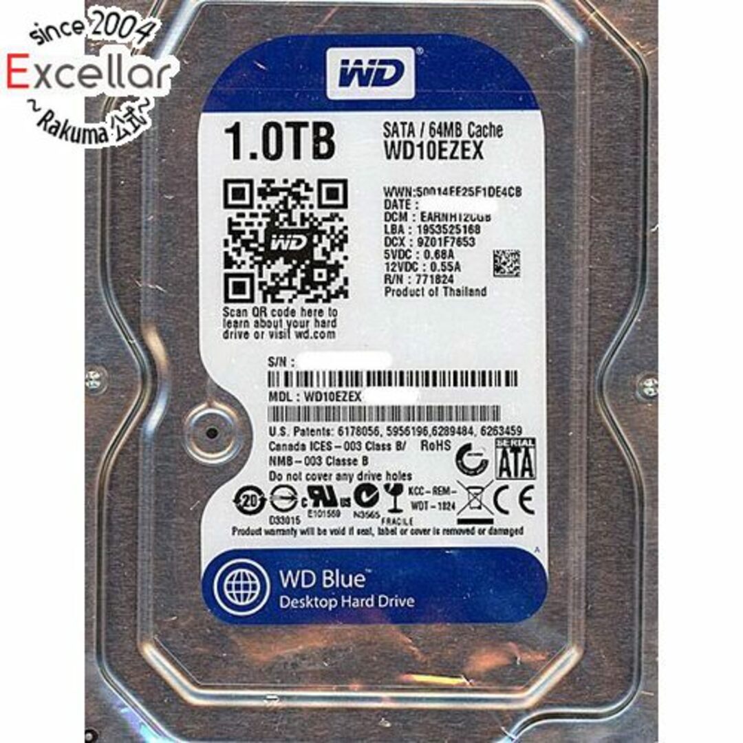 Western Digital(ウエスタンデジタル)のWestern Digital製HDD WD10EZEX 1TB SATA600 7200 スマホ/家電/カメラのPC/タブレット(PC周辺機器)の商品写真