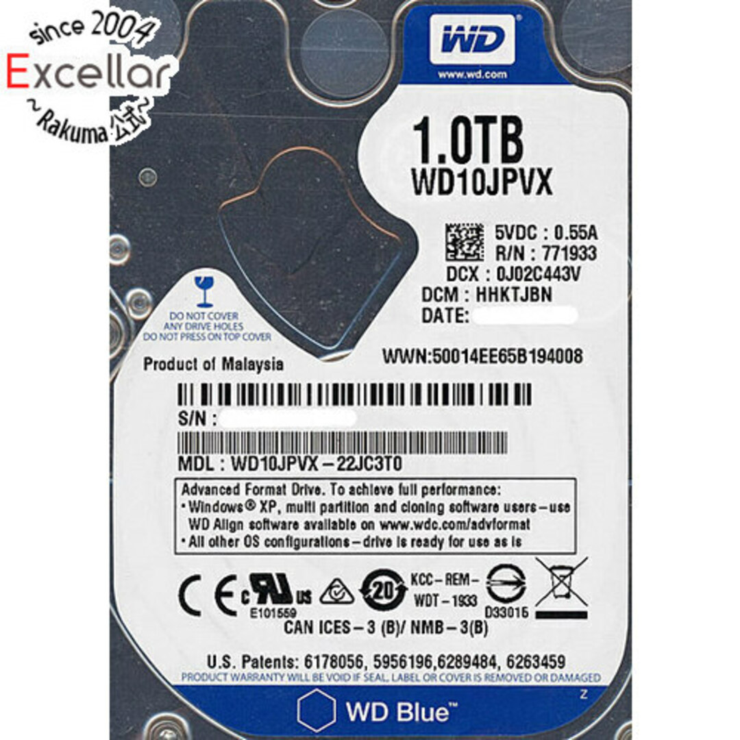 商品状態WesternDigital ノート用HDD 2.5inch　WD10JPVX　1TB
