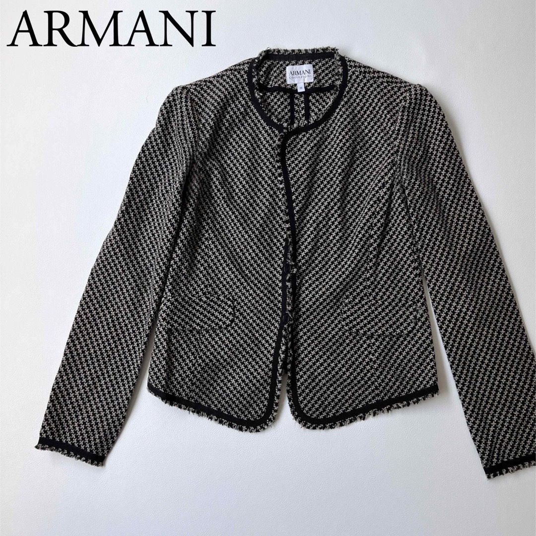 ARMANI COLLEZIONI(アルマーニ コレツィオーニ)のARMANI アルマーニ　ノーカラージャケット　ウールツイード　総柄 レディースのジャケット/アウター(ノーカラージャケット)の商品写真