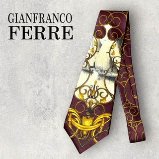 美品 GIANFRANCO FERRE フェレ アート 船 ネクタイ ボルドー