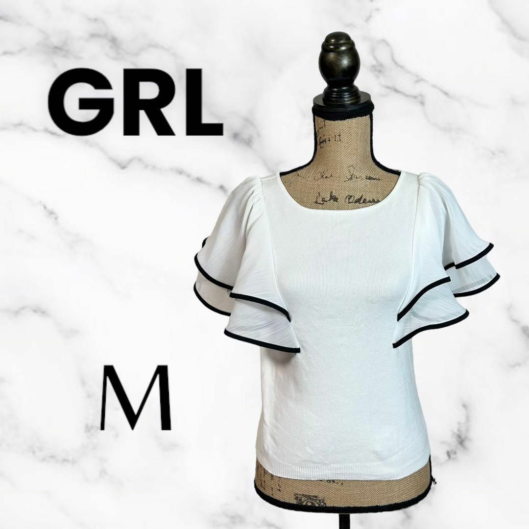 GRL(グレイル)の美品✨【GRL】フリルカットソー　袖透け感　バイカラー　ニット　ホワイト　M レディースのトップス(Tシャツ(半袖/袖なし))の商品写真