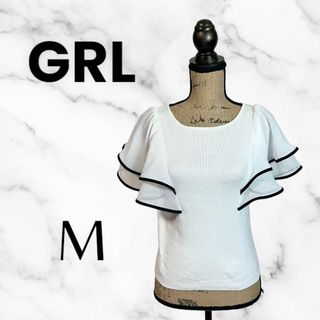 グレイル(GRL)の美品✨【GRL】フリルカットソー　袖透け感　バイカラー　ニット　ホワイト　M(Tシャツ(半袖/袖なし))