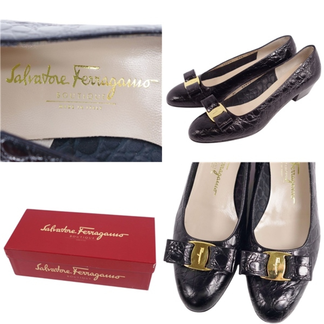 Salvatore Ferragamo(サルヴァトーレフェラガモ)の美品 サルヴァトーレ フェラガモ Salvatore Ferragamo パンプス ヒール ヴァラ クロコ型押し シューズ レディース 7.5C(25cm相当) ブラック レディースの靴/シューズ(ハイヒール/パンプス)の商品写真