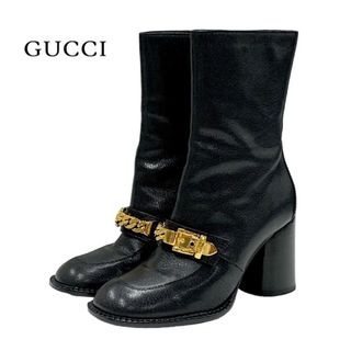 グッチ(Gucci)のグッチ GUCCI ブーツ ショートブーツ 靴 シューズ チェーンベルト レザー ブラック 黒 ゴールド(ブーツ)