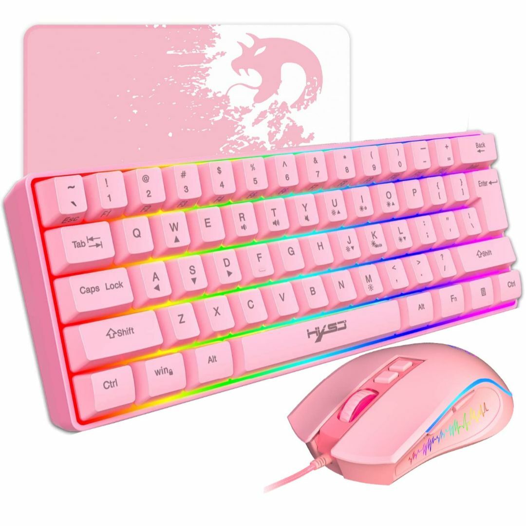 色:ピンク有線61キーゲーミングキーボード テンキーレス マウスセット メンPC/タブレット