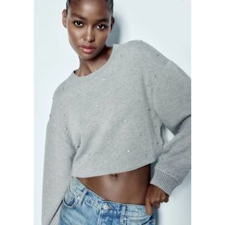 ザラ(ZARA)のZARA ラインストーン ソフト スウェットシャツ (グレーマール) | S (ニット/セーター)