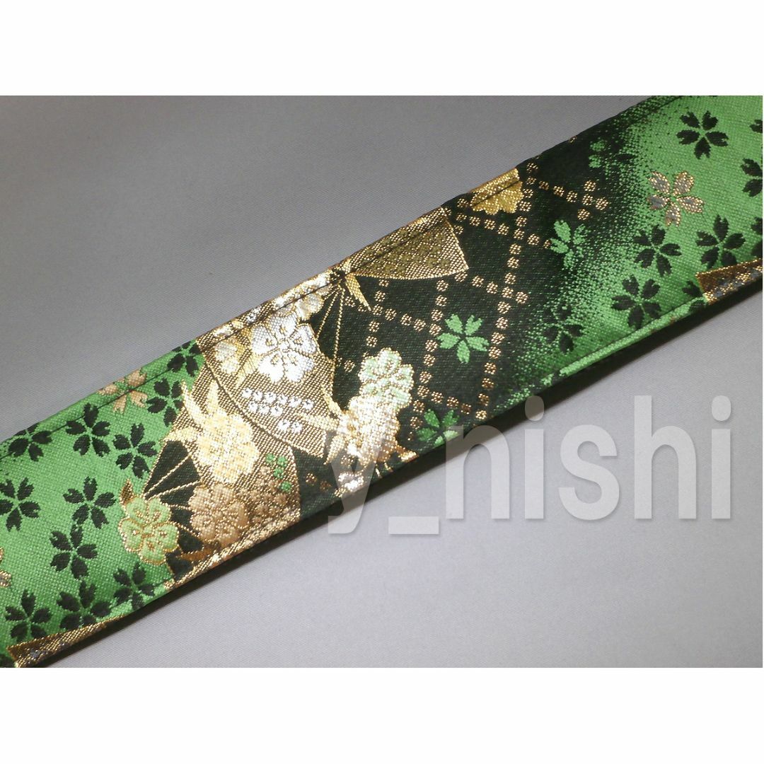 京都 西陣織り 和柄ギターストラップ 扇柄 / 緑-黒 for AG