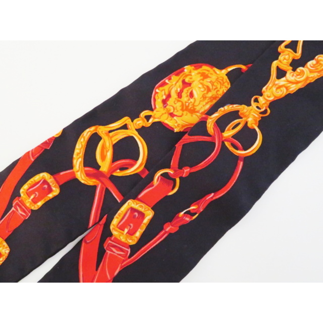 ファッション小物T12 美品 HERMES エルメス BRIDES de GALA シルク ツイリー スカーフ ブラック/オレンジ