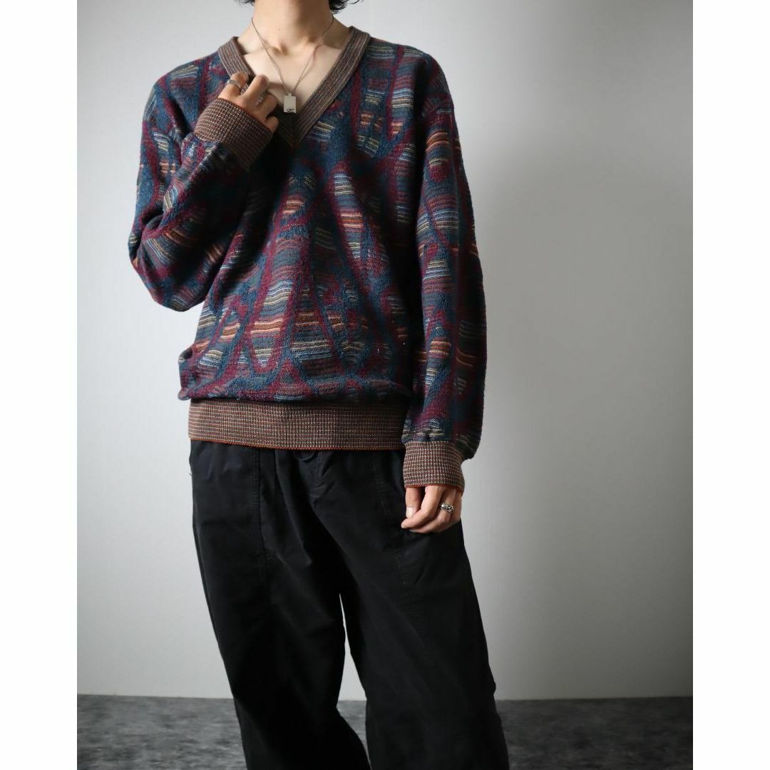 【vintage】マルチボーダー 幾何学 ウール混 Ｖネック ニット セーター