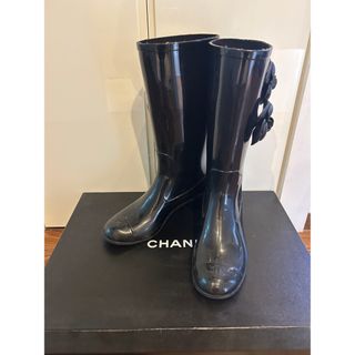 シャネル CHANEL ブーツ レイン ロング エナメル ロゴ G26154 黒33cm筒高