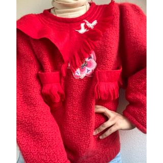 ツモリチサト(TSUMORI CHISATO)の超美品！VINTAGE 鳥　花刺繍　フリンジ　立体　ニット　ゆったり(ニット/セーター)