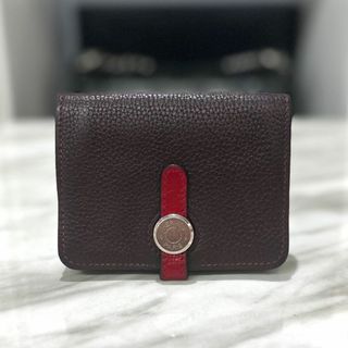 エルメス(Hermes)の美品☆　エルメス　ドゴン　コインケース　ダークブラウン×赤　□K刻印(名刺入れ/定期入れ)