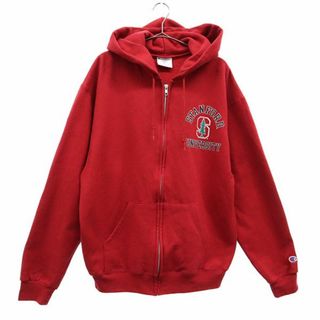 チャンピオン(Champion)のチャンピオン プリント 長袖 スウェット ジップパーカー M レッド Champion ロゴワッペン メンズ 古着 【231128】(パーカー)