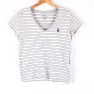 ポロラルフローレン(POLO RALPH LAUREN)のポロ・ラルフローレン Tシャツ 半袖 Vネック ボーダー 綿100％ トップス M相当 レディース 160/84Aサイズ グレー POLO RALPH LAUREN(Tシャツ(半袖/袖なし))