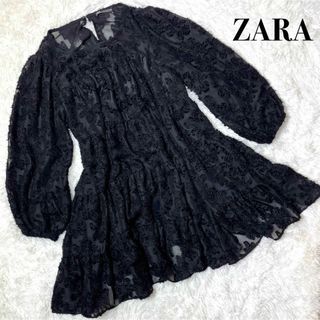 ザラ(ZARA)の未使用✨ZARA ザラ　ミニワンピース　長袖　刺繍　Aライン　ブラック　XS(ミニワンピース)