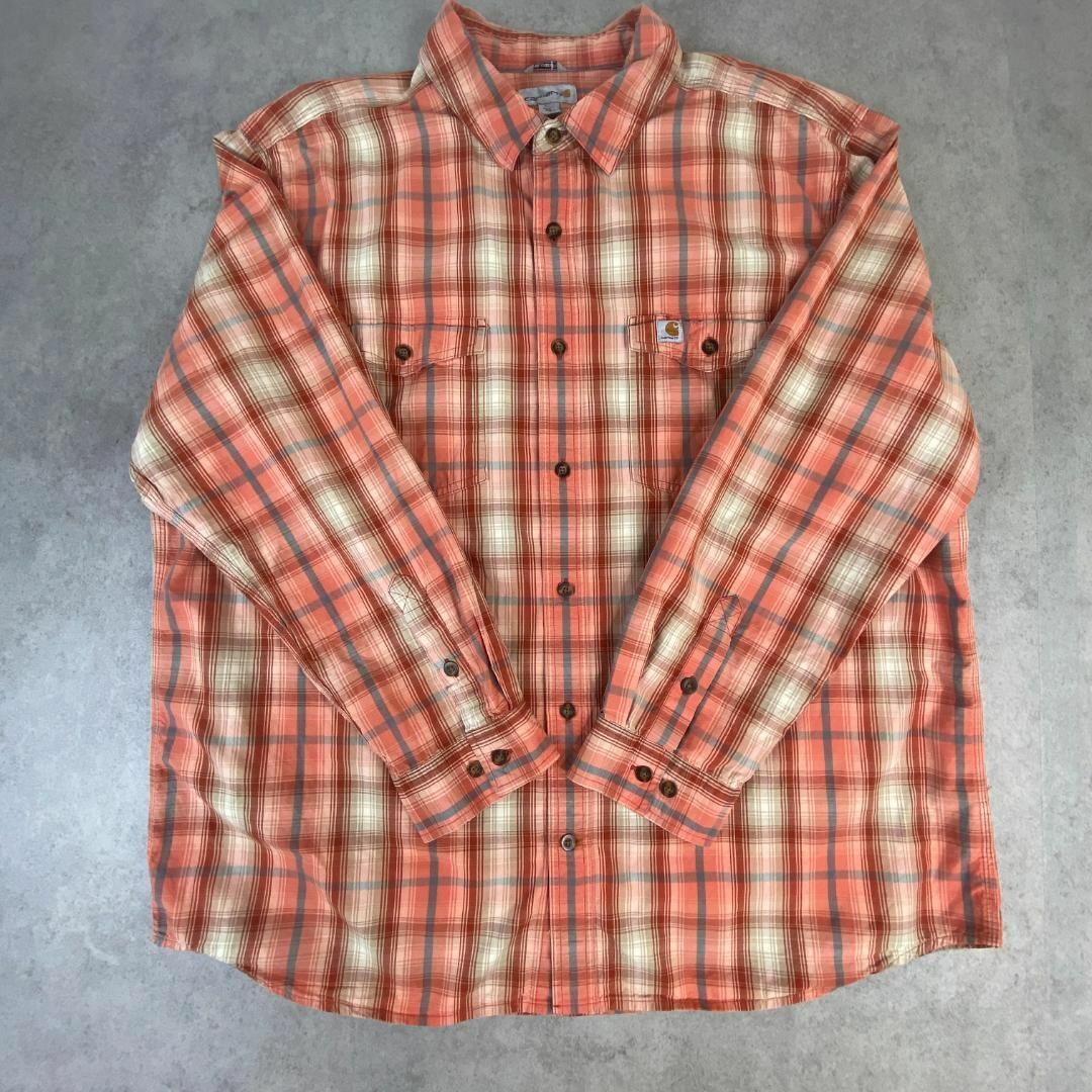 carhartt(カーハート)のカーハート　ブランドロゴ　胸ポケット　チェックシャツ　古着　オレンジ　2XL メンズのトップス(シャツ)の商品写真
