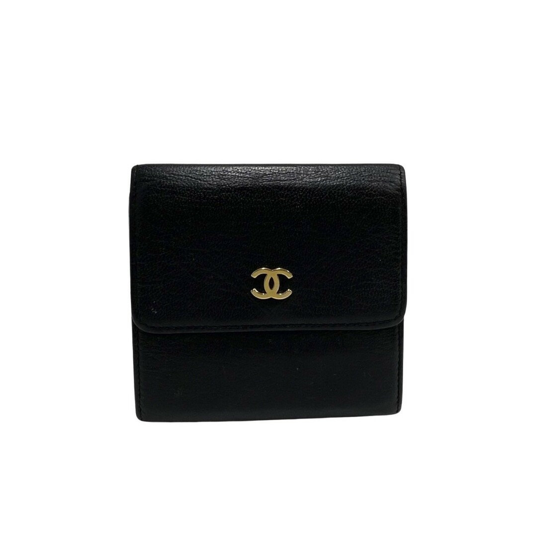 CHANEL シャネル キャビアスキン 財布 黒 本革 Wホック CC ココ