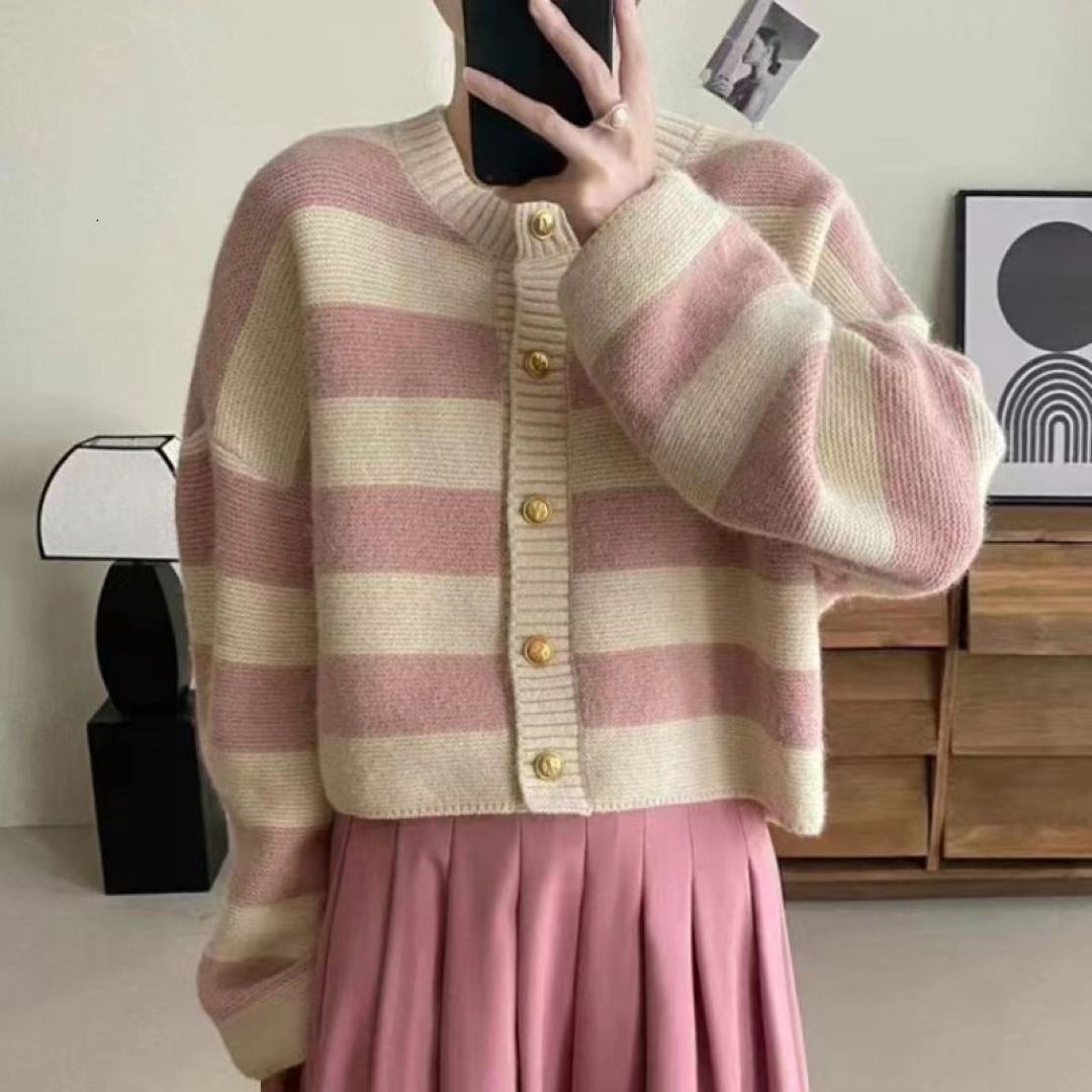 【新品】太ピッチボーダーニットカーディガン ピンク トップス セーター knit