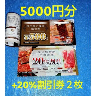 ★安楽亭株主優待(5000円分)500円券x10枚+20%割引券x2枚(レストラン/食事券)
