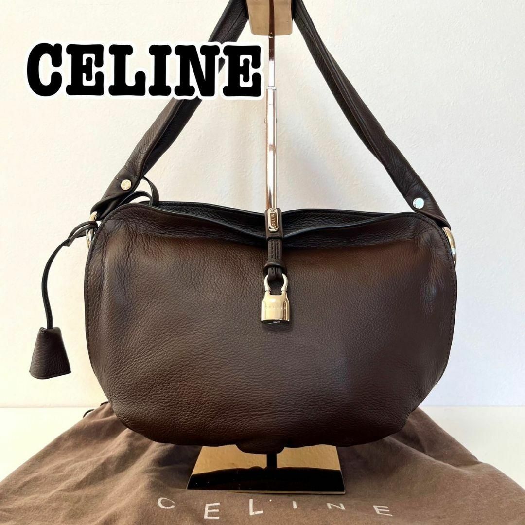 極美品 CELINE レザー　トートバッグ　ワンショルダー　ブラウン　南京錠セリーヌ