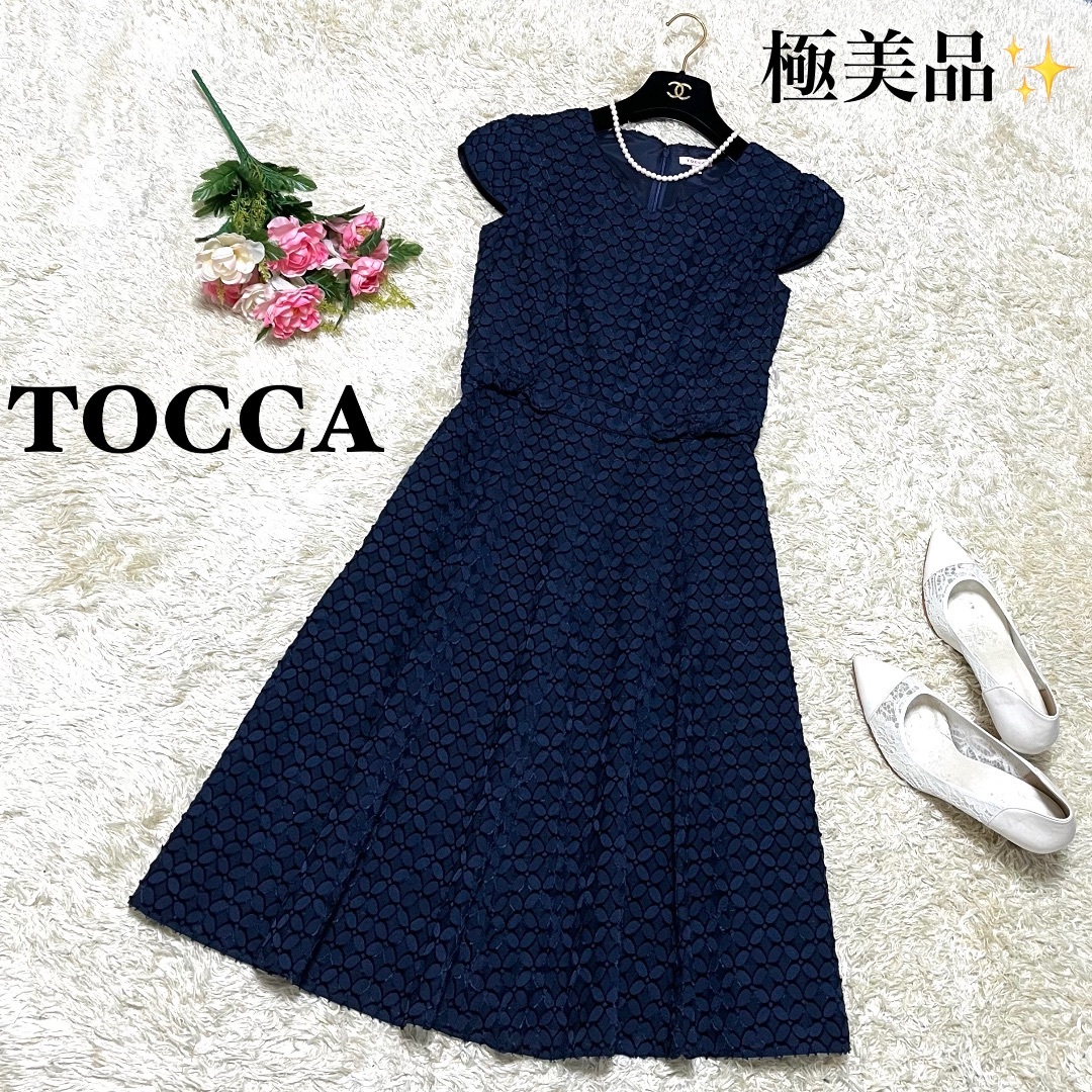 TOCCA(トッカ)の【極美品】トッカ 花柄刺繍シフォンワンピース リボン Vネック ネイビー 2 レディースのワンピース(ひざ丈ワンピース)の商品写真