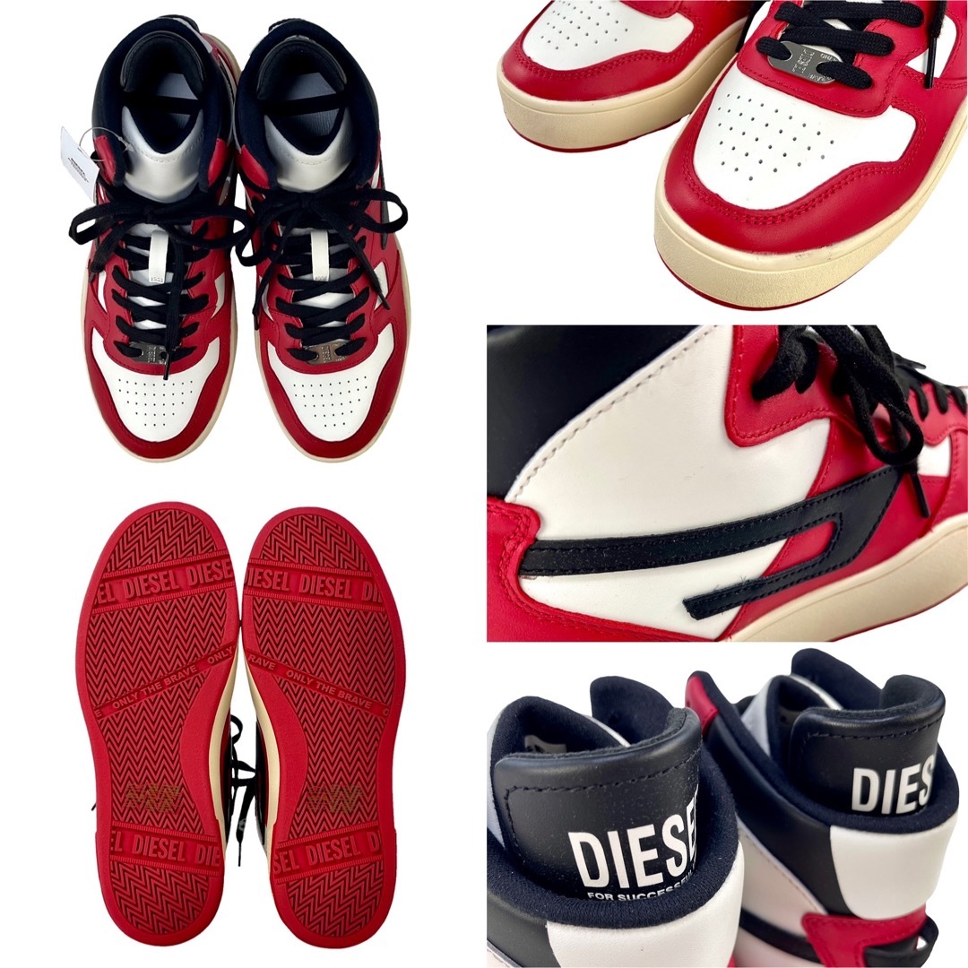 DIESEL - 新品 DIESEL レザー ハイカットスニーカー 白赤黒 AJ1 DIESEL - 新品 DIESEL レザー ハイカットスニーカー 白赤黒 AJ1