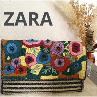 ZARA - ZARA 花柄刺繍　ボーダー　ビーズ　クラッチバッグ　 タグ付き新品未使用品