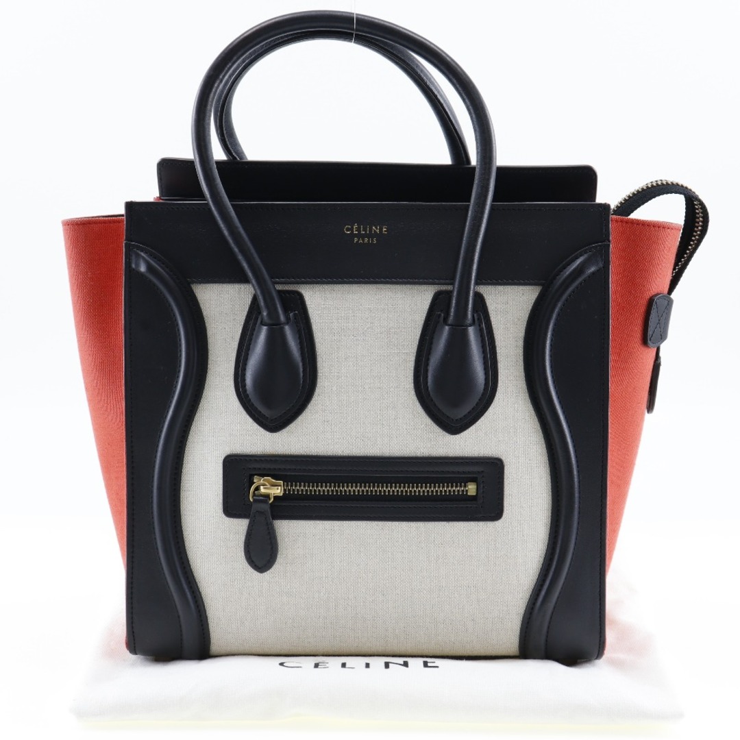 ファスナーポケットx1内側【CELINE】セリーヌ ラゲージ マイクロショッパー トリコロール 167792 カーフ×キャンバス 黒 レディース ハンドバッグ